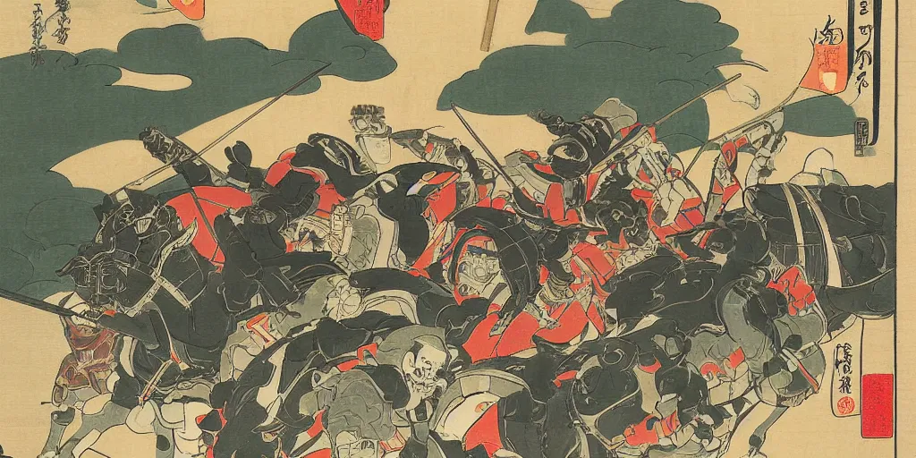 Prompt: mixed ukiyo - e style and italian futurism sytle painting of heavily armored samurai fighting in fierce battle in a beautiful forest