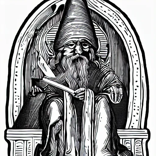 Image similar to An old wizard sitting on a throne, svg