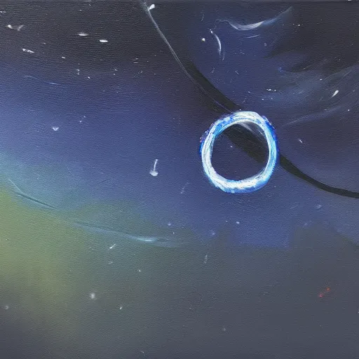 Prompt: a dark oil painting of a glowing blue ring suspended in a dark night sky