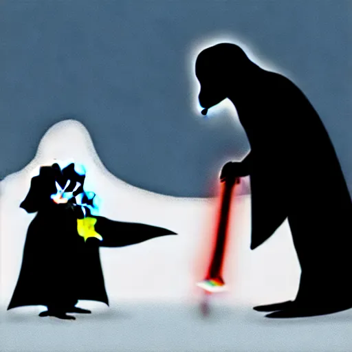 Prompt: darth vader talking with a penguin