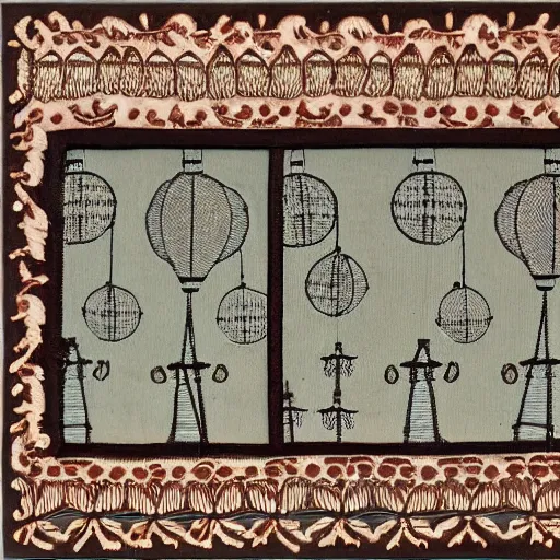 Image similar to lace panel with decorative motifs of railroad trains, telegraph poles, electric lights and hot air balloons ca. 1 9 0 0