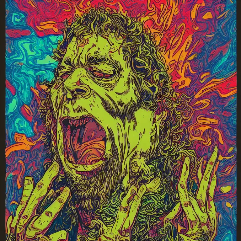 Prompt: beautiful colorful hyperrealist highly detailed psychedelic music poster'zombie seth rogen ', psychedelic art nouveau, beautiful high contrast colored wood engraving, moebius comic style, shocking detail trending on artstation 8 k