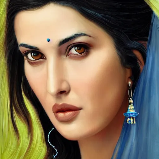 Prompt: Beautiful face Portrait of smiling young hindu Monica Bellucci, really big blue ocean color huge eyes, blue indygo thunder lightning, long wavy black hair, white veil, magic blue fire, focus face, dramatic lighting, intricate, India, wild, highly detailed, digital painting, artstation, concept art, smooth, sharp focus, illustration, art by artgerm and greg rutkowski and alphonse mucha, footage from space camera