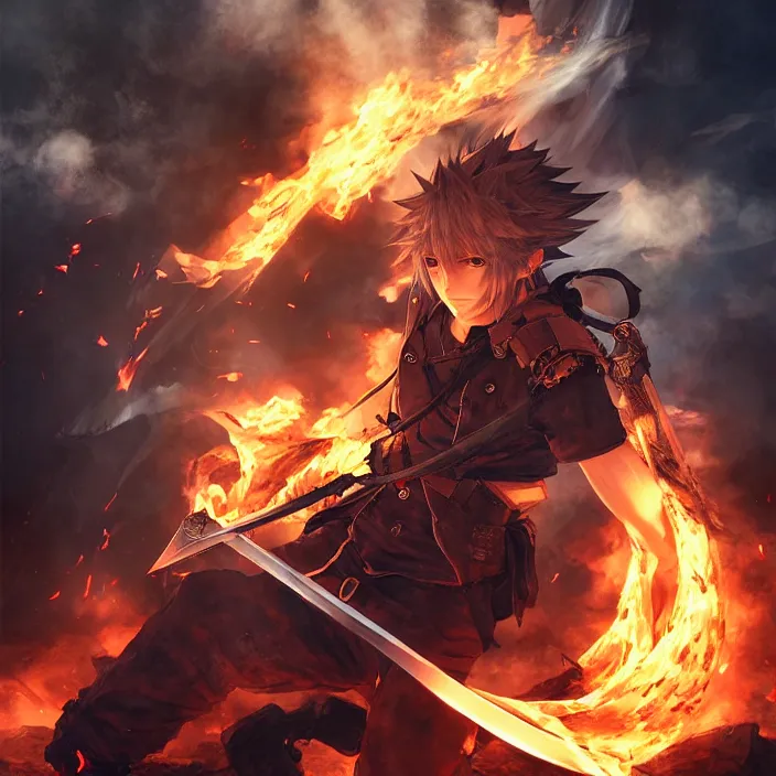 Prompt: anime portrait of sword wielding male protagonist in a final fantasy game, surrounded by rubble and debris, smoke and flames, atmospheric realistic lighting, extremely detailed, trending on pivix fanbox, art by akihiko yoshida.