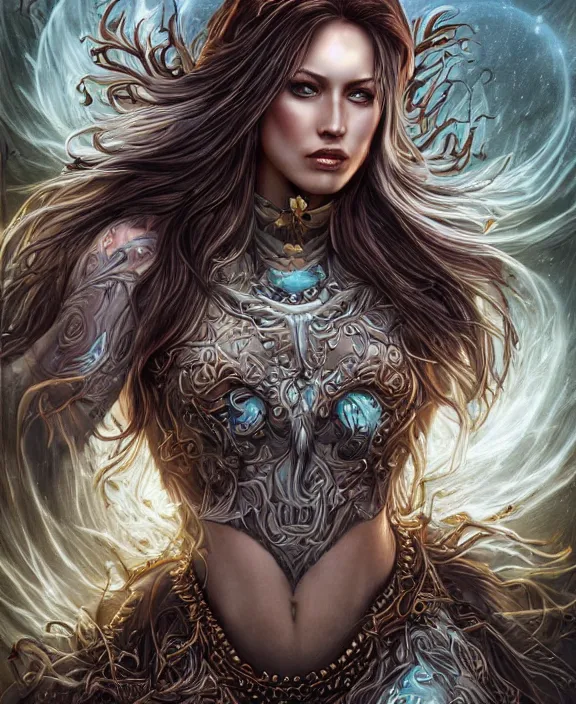 Image similar to a highly detailed symmetrical full body shot painting of a sorceress with piercing beautiful eyes, spring tundra setting, dynamic lighting, ambient lighting, deviantart, art by mark brooks and artgerm and karol bak