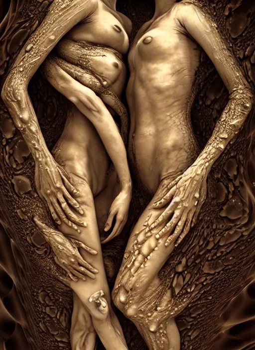 Image similar to beautiful human bodies intertwined, 3 d fractals, mandelbulb, dripping wet, skin, highly detailed, hyperrealism, cinematic