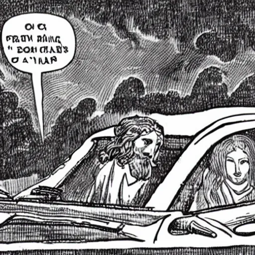 Prompt: jesus driving a car