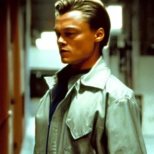 Prompt: film still of leonardo di caprio as t - 1 0 0 0 walking through prison bars in terminator 2 1 9 9 1