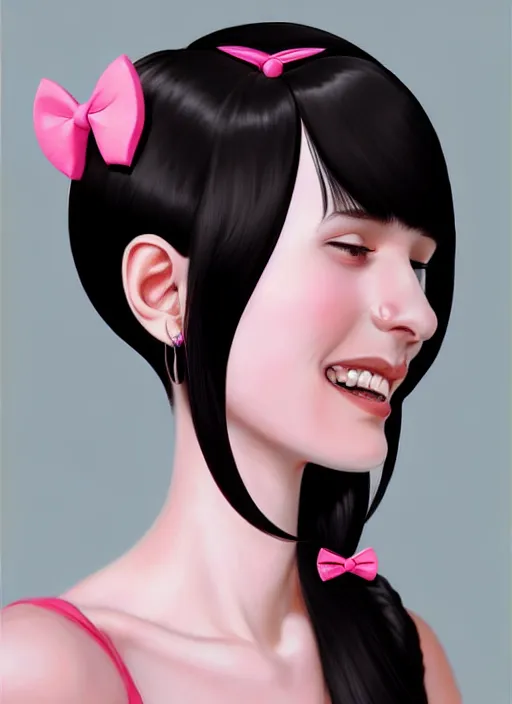 Image similar to portrait of teenage girl, narrow face, black hair, bangs, half updo hairstyle, pointy nose, skinny, smile, unattractive, defined jawline, big chin, pink hair bow, earrings, intricate, elegant, glowing lights, highly detailed, digital painting, artstation, sharp focus, illustration, art by wlop, mars ravelo and greg rutkowski