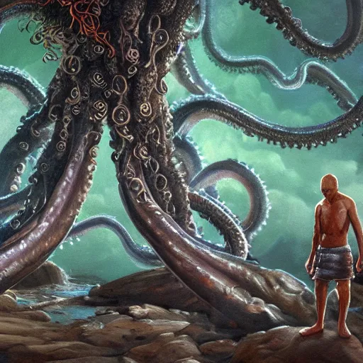 Prompt: a cinematic painting of alien tentacles emerging from the water of a river, a single godly like figure stands on the riverbed watching, fire blowing the leaves from the trees