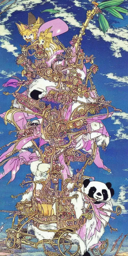 Prompt: a mystical chariot drawn by pandas in japan, 1990s anime, full color, tarot card the chariot,