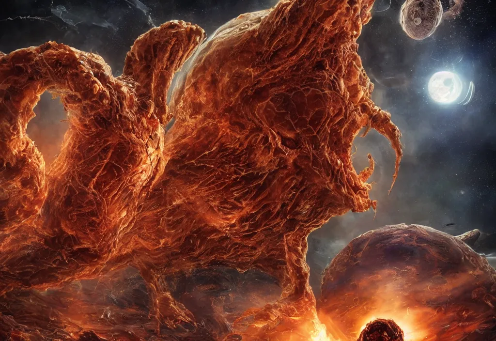 Prompt: eldritch horror bloody garfield in space, hd, 8 k, giant, epic, realistic photo, unreal engine, stars, prophecy, powerful, cinematic lighting, destroyed planet, debris, violent, sinister, ray tracing, dynamic, epic composition, dark, horrific, teeth, grotesque, monochrome drawing, hellscape, death, corpses, foreboding