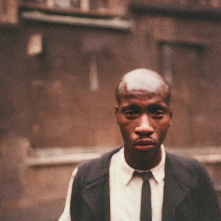 Prompt: analog medium format film high contrast slight - blur portrait of man in harlem, 1 9 6 0 s hasselblad film street photography, soft portrait of man featured on unsplash, photographed on vintage expired colour film