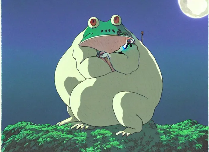 Prompt: a still from a studio ghibli movie of a cartoon frog man from princess mononoke ( 1 9 9 7 ), in front of a pale full moon, full body, wide shot, very dull muted colors, studio ghibli, highly detailed, deviantart, art by artgem