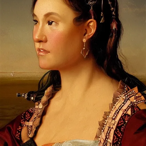 Image similar to portrait of a batavian woman ( 3 5 ) from dutch rhine delta ( that the romans called batavia ) in 2 5 0 a. d., an oil painting by ross tran and thomas kincade