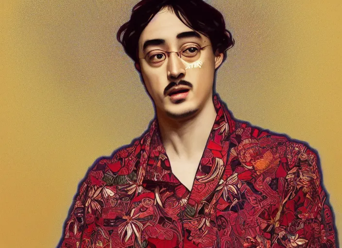 Image similar to Filthy Frank wearing red luxuruous hawaiian vintage shirt, rule of thirds, accurately portrayed, portrait art by alphonse mucha and greg rutkowski, highly detailed, digital painting, concept art, illustration, ethereal lighting with twilight rays of sunlight, trending on artstation, very detailed, smooth, sharp focus, octane render, close up
