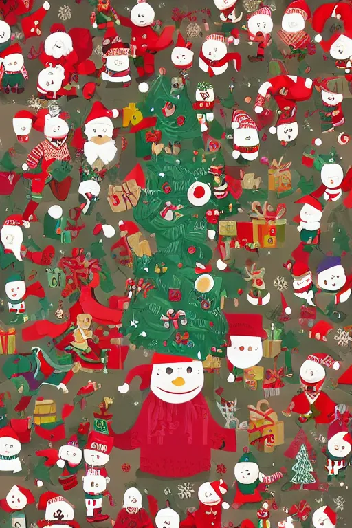 Prompt: detailed digital illustration of a christmas wimmelbild in the style of camilo huinca, agent pekka, darren shaddick, masha krasnova, sarah cliff, illustrator, meredith schomburg, modern, dribbble