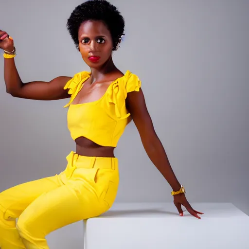 Prompt: Studio portrait of fashionable female professional dancer, dark skin, short curly hair, yellow pants, red top, expressive posture