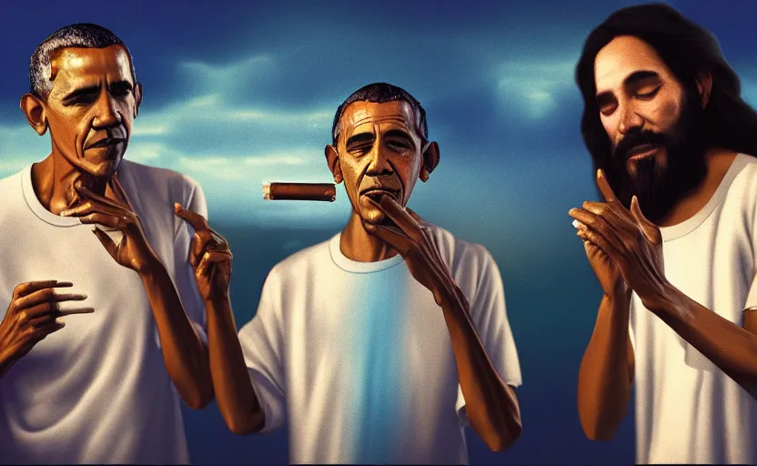 Prompt: Obama and Jesus smoking out by Beeple; ultra-realistic depth shading; 4K; 8K