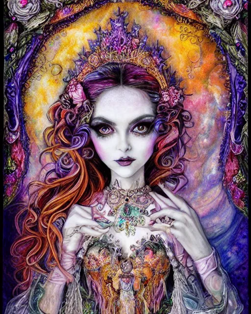 Image similar to josephine wall water colored pencils baroque bedazzled gothic royalty frames surrounding a pixelsort highly detailed portrait of a detailed pencil portrait with watercolor of a beautiful monster high doll, by sabrina eras, alice x. zhang, agnes cecile, blanca alvarez