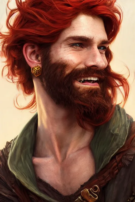 Image similar to portrait of a young ruggedly handsome but joyful pirate, male, masculine, full body, red hair, waist long hair, d & d, gold earring, fantasy, intricate, elegant, highly detailed, digital painting, artstation, concept art, matte, sharp focus, illustration, art by artgerm and greg rutkowski and alphonse mucha