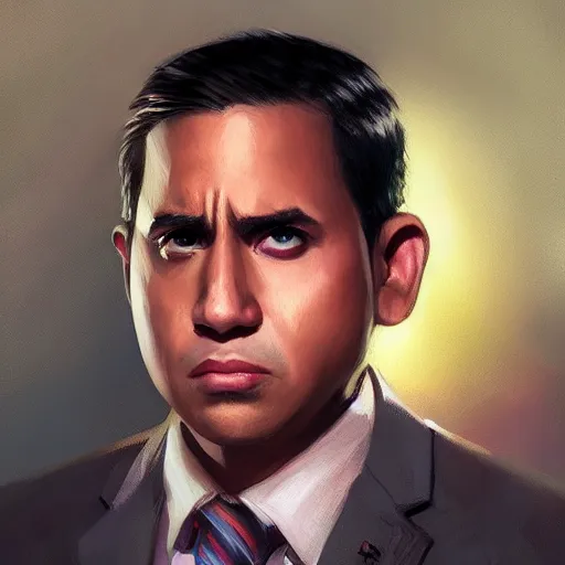 Image similar to hyper realistic, portrait of filipino michael scott painted by greg rutkowski, wlop, loish,