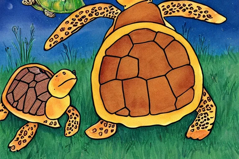 Prompt: turtle and chick, children's book illustration, beautiful