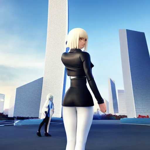 Prompt: platinum - blonde - haired bob cut blue - eyed princess wearing white leggings and black jacket, standing next to communist monument, futuristic city, anime, hd anime wallpaper, hyperrealistic lighting, octane render, volumetric lighting, drawn by artgerm