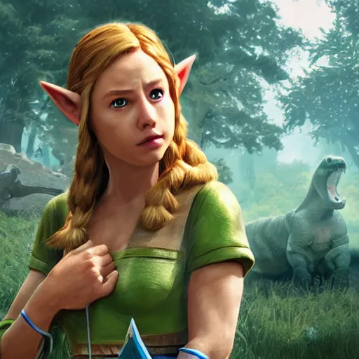 Image similar to a hyper real comic book style portait painting of zelda in the stone age with dinosaurs, unreal 5, hyperrealistic, octane render, cosplay, rpg portrait, dynamic lighting