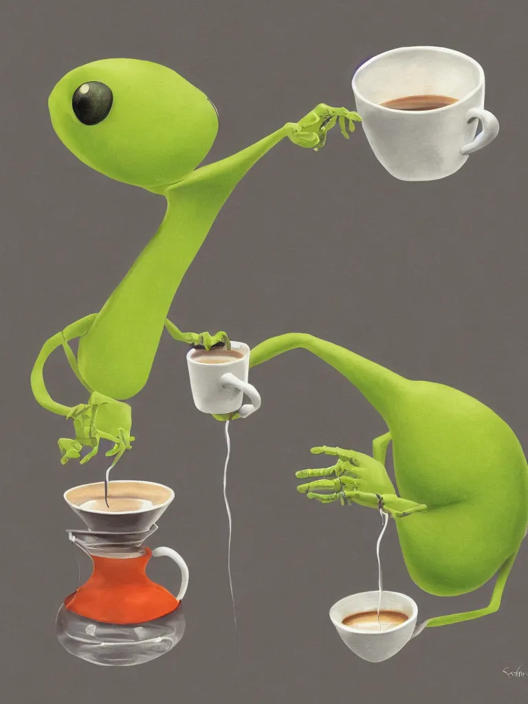 Image similar to serene illustration robotic kermit offering a cup of fresh steaming coffee, by Simon Stalenhaag, by Yoshita Amano, by Esao Andrews, sharp focus, fresh colors, conceptart, trending on artstation