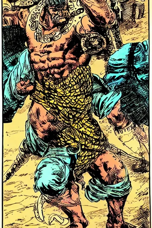 Image similar to ancient historically accurate depiction of the Bible Character Goliath of Gath, the Philistine warrior giant by frank miller