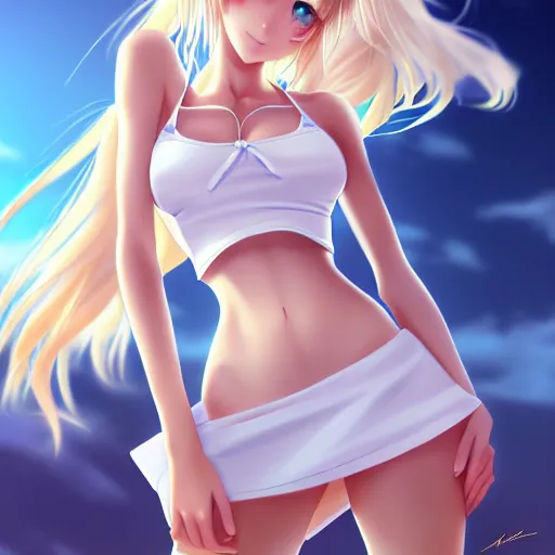 Image similar to tiny father a tall daughter picture : a very beautiful young blond anime girl, sky blue eyes, bikini, white miniskirt, highly detailed, cinematic wallpaper by stanley artgerm lau