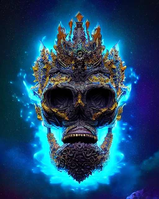 Image similar to 3 d ornate carved dark cosmic king queen profile portrait, sigma 5 0 0 mm f / 5. beautiful intricate highly detailed quetzalcoatl skull. bioluminescent, plasma, lava, ice, water, wind, creature, thunderstorm! artwork by tooth wu and wlop and beeple and greg rutkowski, 8 k trending on artstation