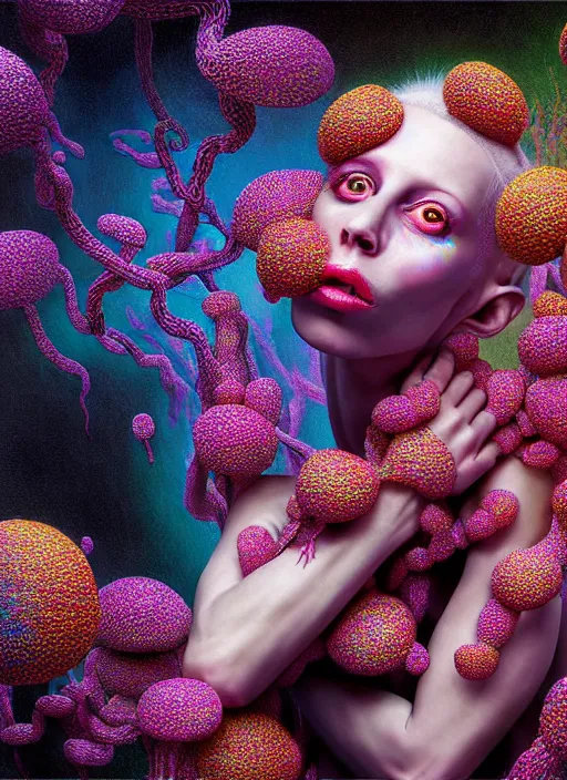 Image similar to hyper detailed 3d render like a Oil painting - Yolandi Visser seen Eating of the Strangling network of yellowcake aerochrome and milky Fruit and Her delicate Hands hold of gossamer polyp blossoms bring iridescent fungal flowers whose spores black the foolish stars by Jacek Yerka, Mariusz Lewandowski, Houdini algorithmic generative render, Abstract brush strokes, Masterpiece, Edward Hopper and James Gilleard, Zdzislaw Beksinski, Mark Ryden, Wolfgang Lettl, hints of Yayoi Kasuma, octane render, 8k