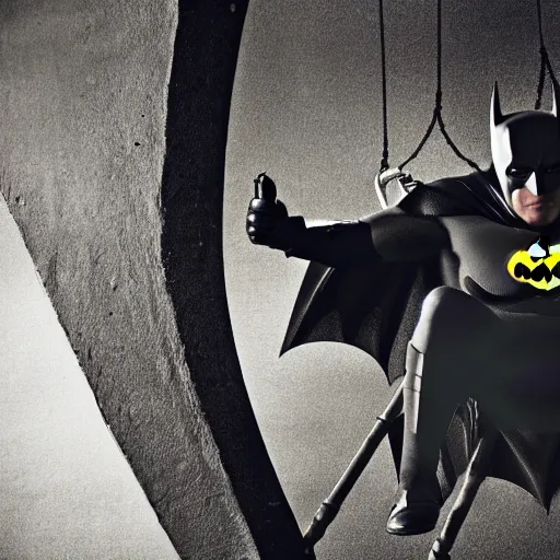 Prompt: batman sits happily on a hollywood swing, 8 k photography