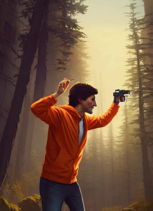 Image similar to highly detailed portrait justin trudeau in ( ( orange hoody ) ) holding handgun! in gta v stephen bliss unreal engine fantasy art by greg rutkowski loish rhads ferdinand knab makoto shinkai lois van baarle ilya kuvshinov rossdraws tom bagshaw global illumination radiant light detailed intricate environment