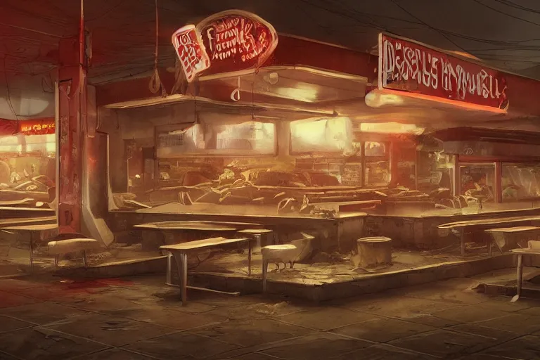 Prompt: the abandoned fast food restaurant of the dead crowded by demons, darkness, no light, hopeless, hell, artstation