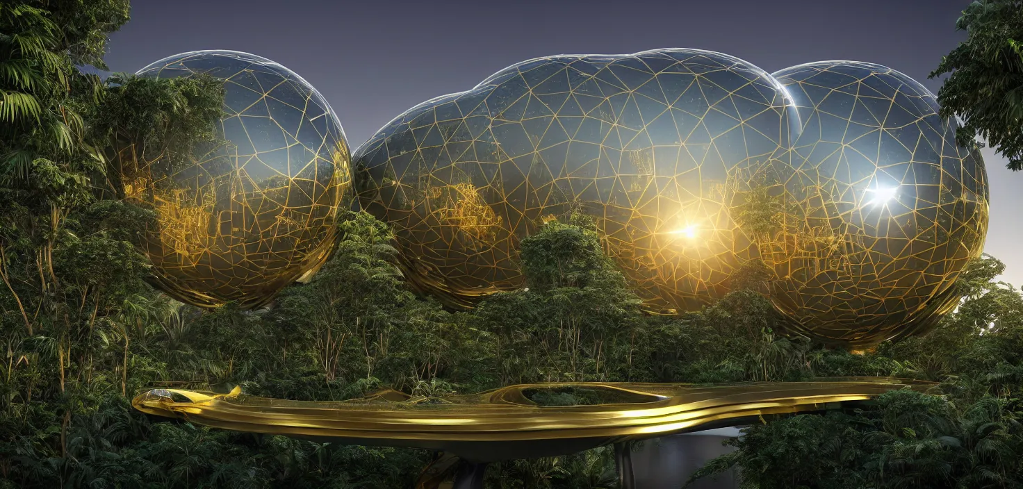 Image similar to futuristic shinny golden mirror building camouflaged in an jungle landscape of a solarpunk world by frank gerhy and oscar niemeyer, shinny golden roads and bridges designed by zaha hadid, movie poster, spiral golden ratio, at dusk lighting, evening lighting, reflections, film still, hyper realistic, octane render redshift arnold materials unreal engine, 8 k post production, hyper detailed