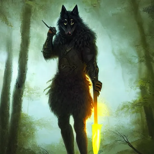 Prompt: furry anthro digital art of an anthropomorphic fluffy black wolf warrior man wearing a yellow cloak standing in the forest holding a sword in his hands Greg Rutkowski masterpiece portrait