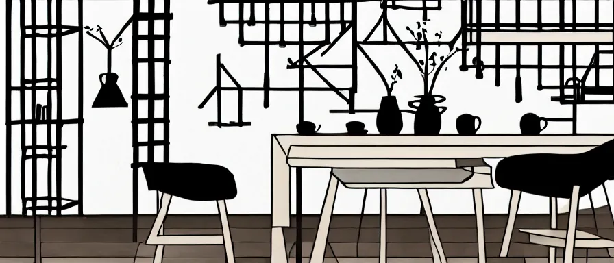 Prompt: a beautiful simple interior 4 k hd wallpaper illustration of small roasted string hotpot restaurant restaurant yan'an, animation illustrative style, from china, wallpaper of tower and mountains, rectangle white porcelain table, black chair, fine simple delicate structure, simple style structure decoration design, victo ngai, james jean, 4 k hd