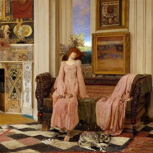 Prompt: a renaissance oil painting by Alma Tadema of a ghost inside an intricately decorated living room, pastel color scheme, digital painting, high detail