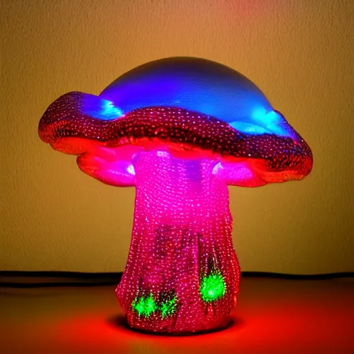 Image similar to cybertronic metallic mushroom, glowing, LED lights, high detail