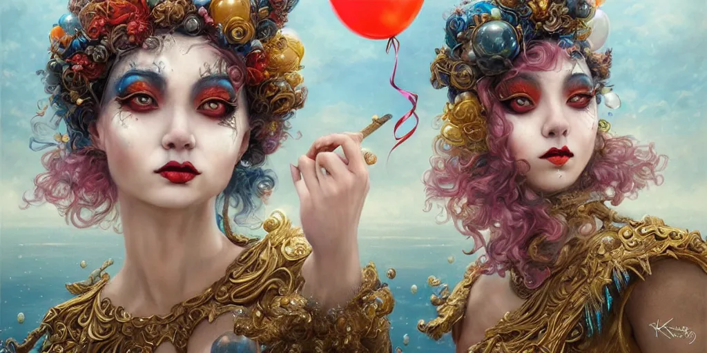 Image similar to a portrait of a group of female clown sorceress with balloons bathing in a lake by karol bak and jia ruan, beautiful detailed eyes, cute, fantasy, intricate, elegant, highly detailed, digital painting, 4 k, hdr, concept art, detailed jewelry, smooth, sharp focus, illustration, art by artgerm