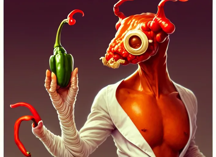 Image similar to a anthropomorphic pepper wearing a lab coat, diffuse lighting, fantasy, intricate, elegant, highly detailed, lifelike, photorealistic, digital painting, artstation, illustration, concept art, smooth, sharp focus, art by frank frazetta and marco bucci and loish and rossdraws and artgerm and alphonse mucha