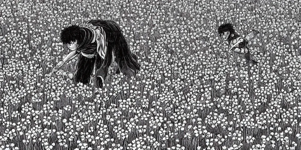 Image similar to Guts in a serene flower field by Kentaro Miura, highly detailed, black and white