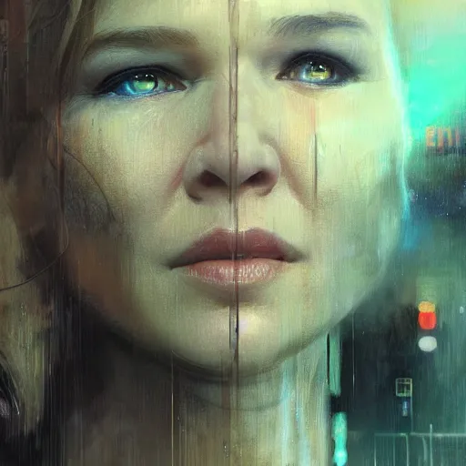 Image similar to renee zellweger, hyperrealistic portrait, bladerunner street, art of elysium by jeremy mann and alphonse mucha, fantasy art, photo realistic, dynamic lighting, artstation, poster, volumetric lighting, very detailed face, 4 k, award winning