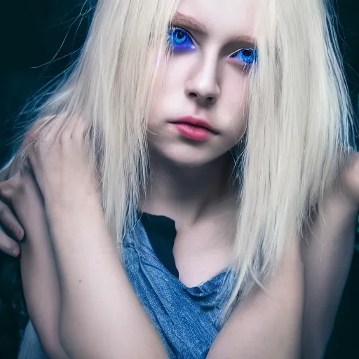 Prompt: A gorgeous blonde with glowing blue eyes, in love, grungy, unkept hair, glowing eyes, modelsociety, radiant skin, huge anime eyes, RTX on, bright on black, dramatic, studio lighting, perfect face, intricate, Sony a7R IV, symmetric balance, polarizing filter, Photolab, Lightroom, 4K, Dolby Vision, Photography Award