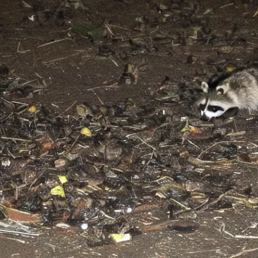 Image similar to night vision picture of raccoons rummaging through a gigantic trash mound