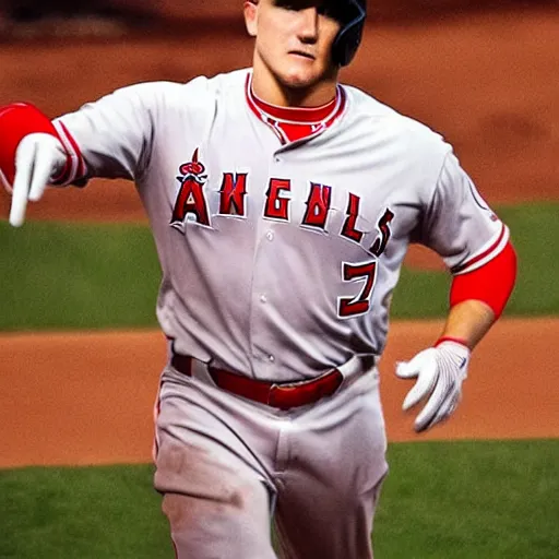 Prompt: “a realistic detailed photo of a guy who is named Mike Trout, hypnotized, baseball player”