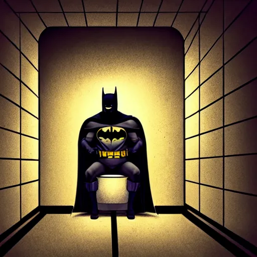 Image similar to low - angle shot from the ground of batman sitting on a toilet, dirty tiles in the wall, claustrophobic room, hyperrealistic comic digital art, dramatic lights, realistic, very very detailed, 4 k, dark colours